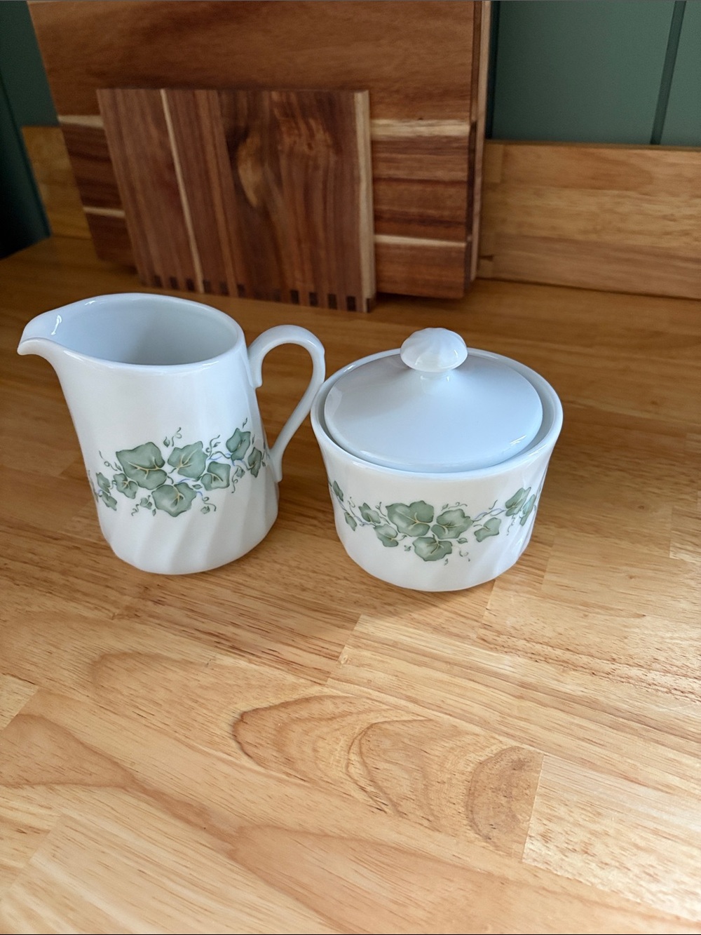Corningware White Creamer and Lidded Sugar with Green Floral Vine
